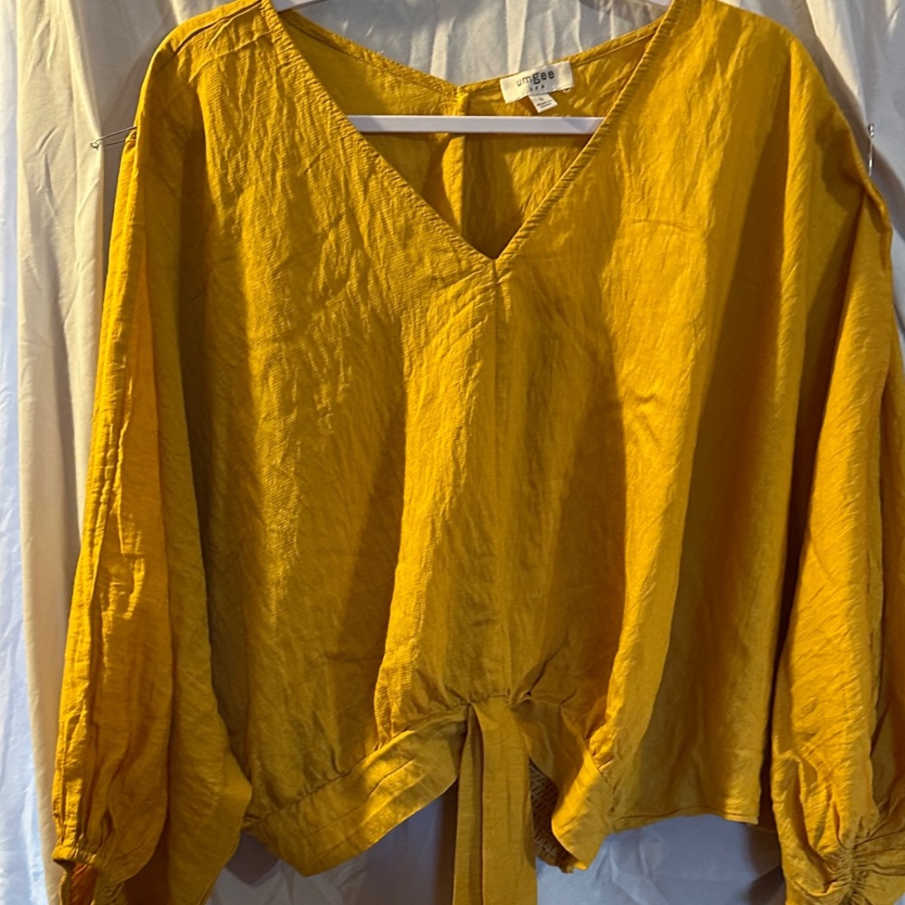 Umgee Mustard Tie-Front V-Neck Blouse